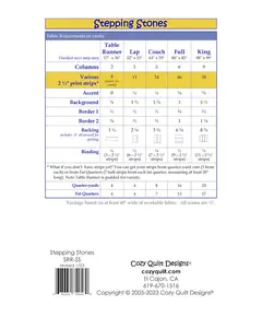 Stepping Stones Pattern by Cozy Quilt Designs - List of Material Requirements