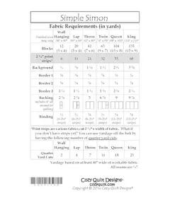 Simple Simon Pattern by Cozy Quilt Designs - List of Material Requirements