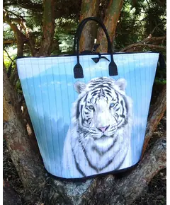 Happy Hauler Bag Pattern AT640 by Aunties Two - Completed bag featuring a tigert