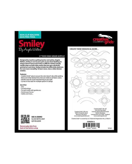 Smiley Creative Grids Non-Slip Free Motion Quilting Tool / Ruler SEE VIDEO