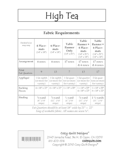 High Tea Pattern by Cozy Quilt Designs, Fabric Required