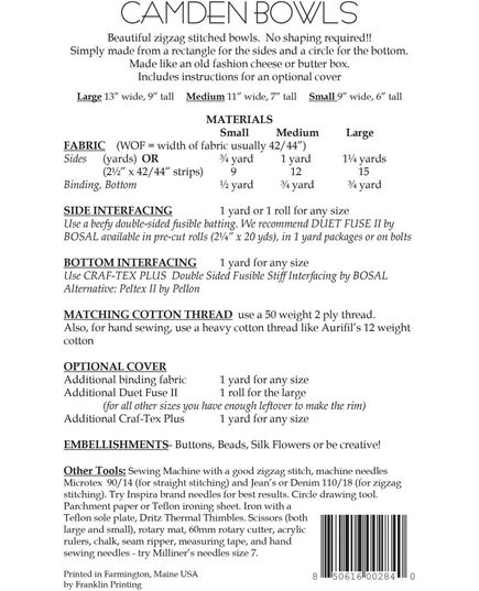 Camden Bowls Pattern by Aunties Two - See Videos - Requirements- project requirements
