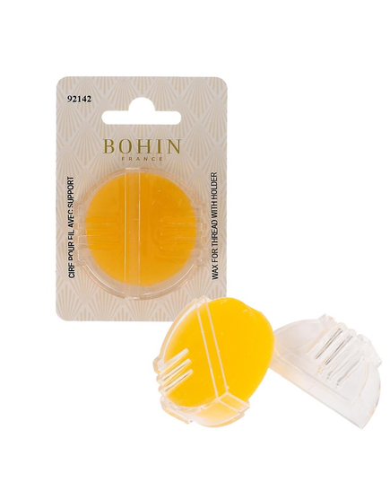 Wax for Thread with Holder by Bohin - Image of Thread wax both in packaging and in the wax holder and applicator.