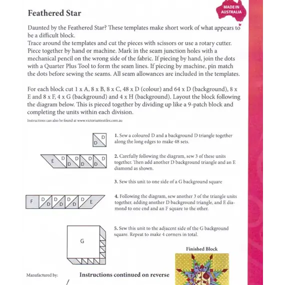 Feathered Star Patchwork Template Meredithe Clark Signature Collection