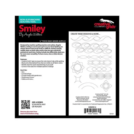 Smiley Creative Grids Non-Slip Free Motion Quilting Tool / Ruler SEE VIDEO