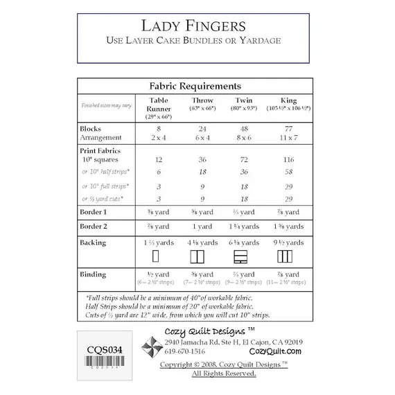 Lady Fingers Pattern by Cozy Quilt Designs - Material Requirements