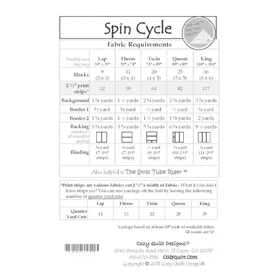 Spin Cycle Pattern by Cozy Quilt Designs - List of Material Requirements