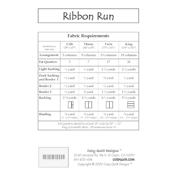 Ribbon Run Pattern Instructions by Cozy Quilt Designs