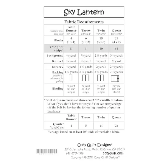 Lucky Charms Pattern by Cozy Quilt Designs - List of Material Requirements