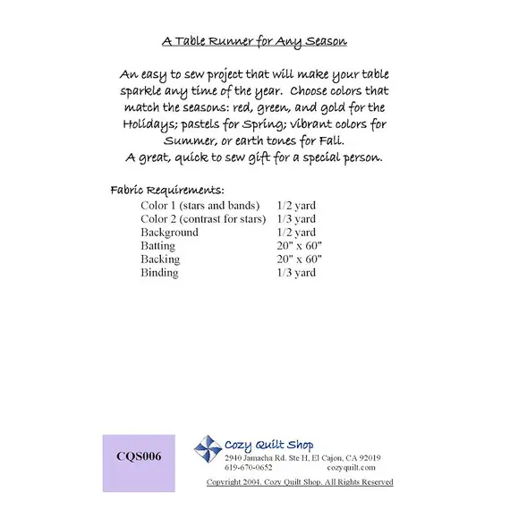 Tablerunner Pattern by Cozy Quilt Designs - Material Requirements