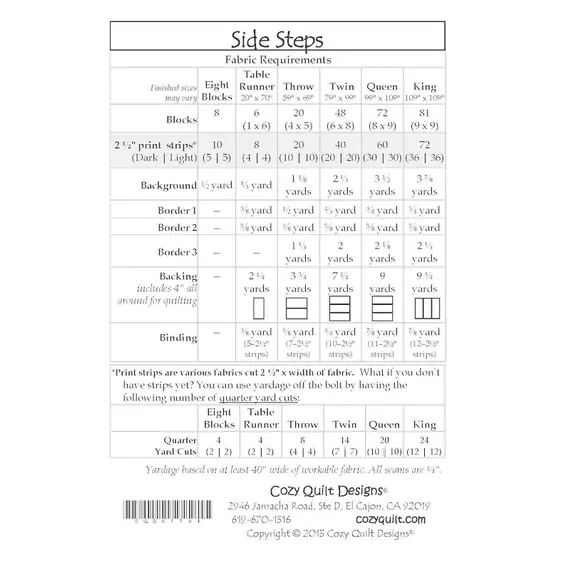 Side Steps Pattern by Cozy Quilt Designs - List of Material Requirements