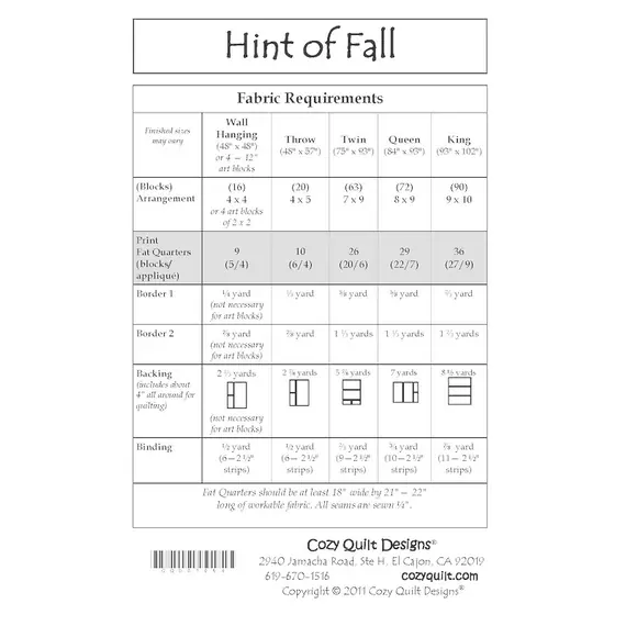 Hint Of Fall Quilt Pattern Fabric Requirements