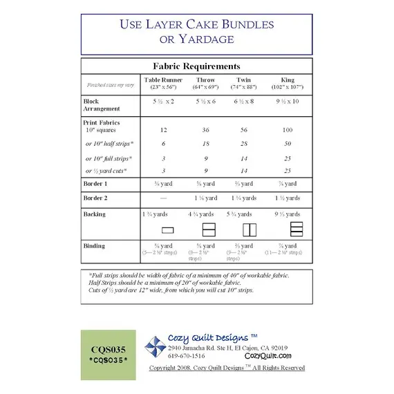 Piece of Cake Pattern by Cozy Quilt Designs - Material Requirements