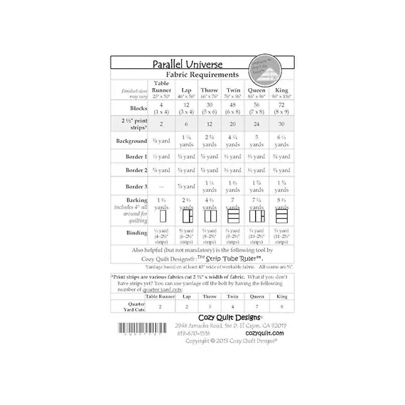 Parallel Universe Pattern by Cozy Quilt Designs - List of Material Requirements