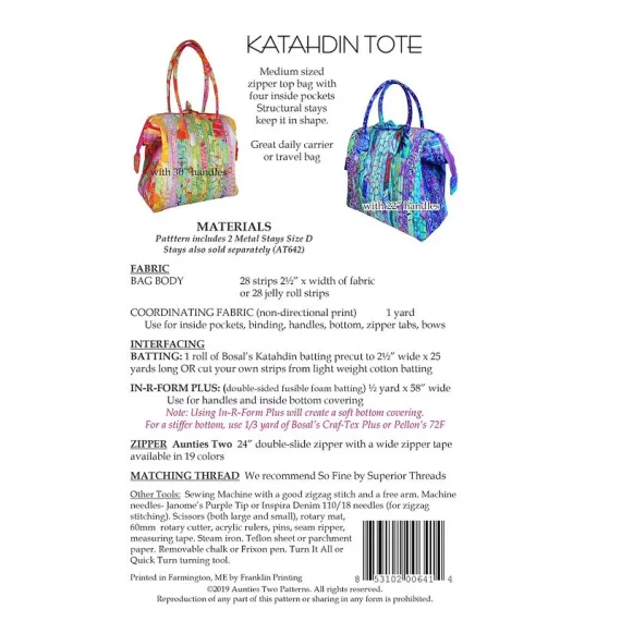 Katahdin Tote Bag Pattern AT641 by Aunties Two - Project Materials required