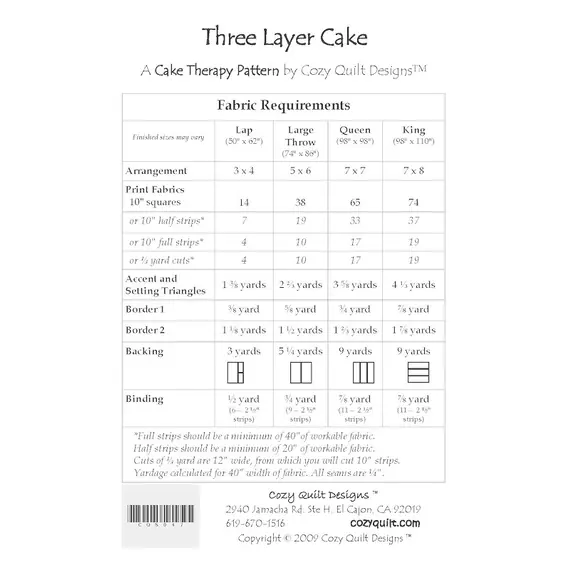 Three Layer Cake Pattern by Cozy Quilt Designs - Material Requirements