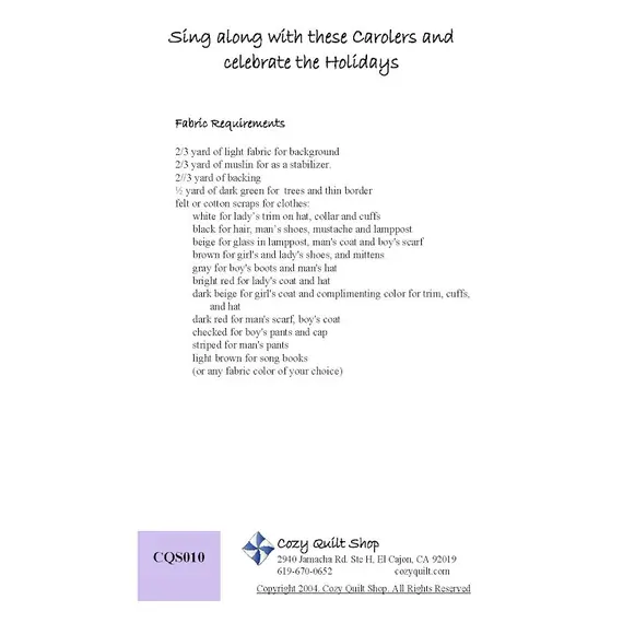 The Carolers Pattern by Cozy Quilt Designs - Material Requirements