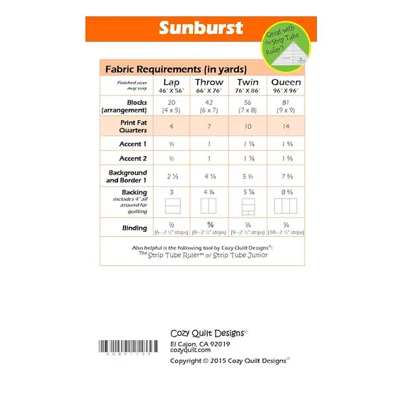 Sunburst Pattern by Cozy Quilt Designs - Material Lists