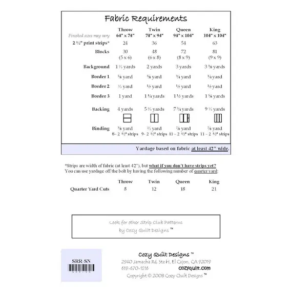 Straight And Narrow Pattern by Cozy Quilt Designs - List of Material Requirements