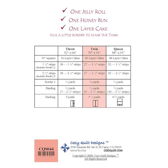 Two Rolls and a Cake Pattern by Cozy Quilt Designs - Material Requirements