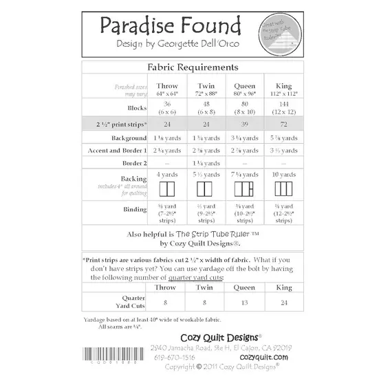 Paradise Found Pattern by Cozy Quilt Designs - List of Material Requirements