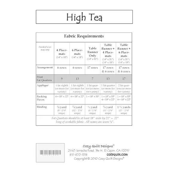 High Tea Pattern by Cozy Quilt Designs, Fabric Required