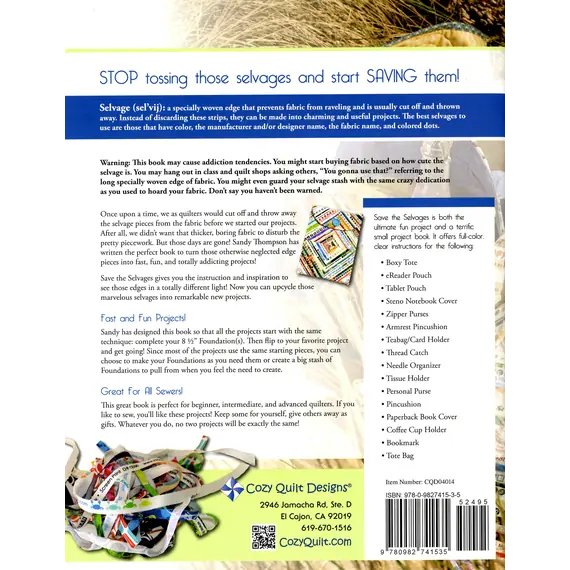 Save the Selvages Pattern Book by Cozy Quilt Designs - Back Cover