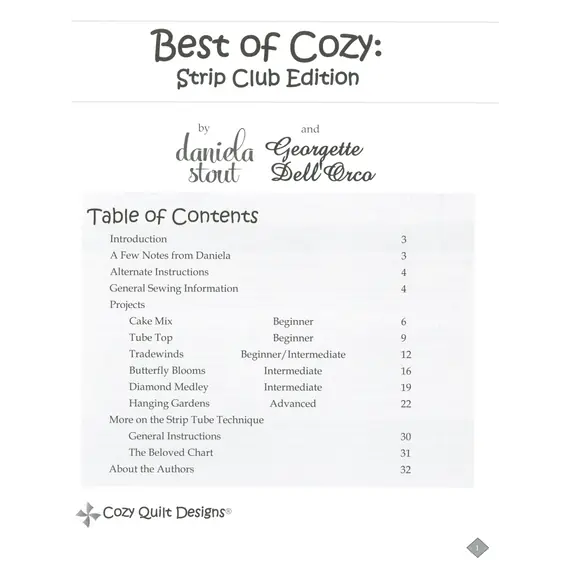 Best of Cozy Strip Club Edition Book by Cozy Quilts Designs - Tabe of Contents