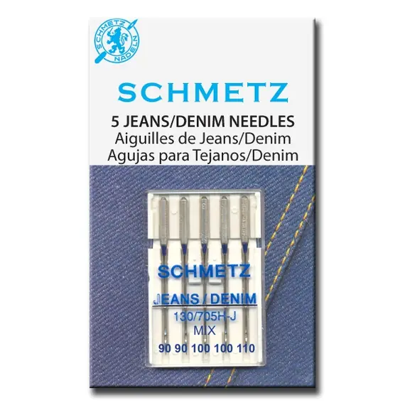 Schmetz Mixed Sizes Jeans Sewing Machine Needle - Packet contains 2 x 90/14, 2 x 100/16 and 1 x 110/18 sized needles.