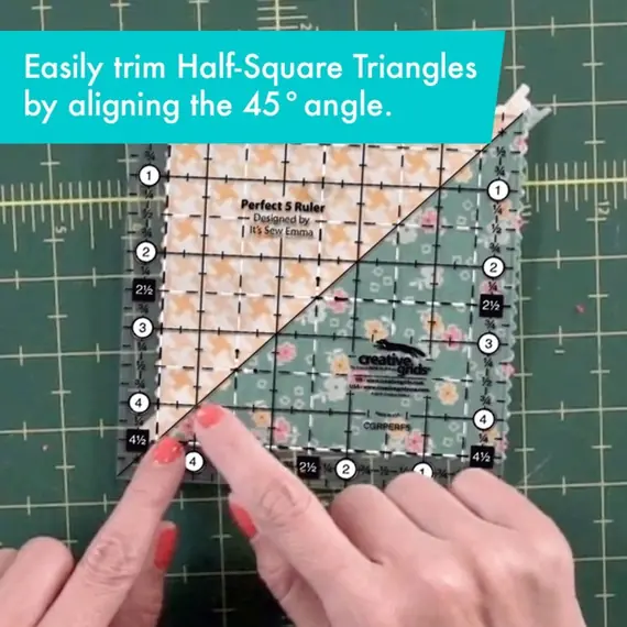 Creative Grids Perfect 5 Ruler - Image depicting 1/2 square triangle markings