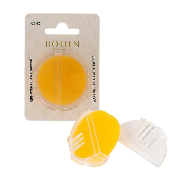 Wax for Thread with Holder by Bohin - Image of Thread wax both in packaging and in the wax holder and applicator.