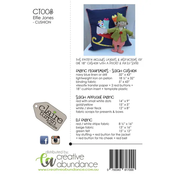 Elfie Jones and his Christmas Sleigh Applique Cushion Pattern by Claire Turpin - Fabric Requirements