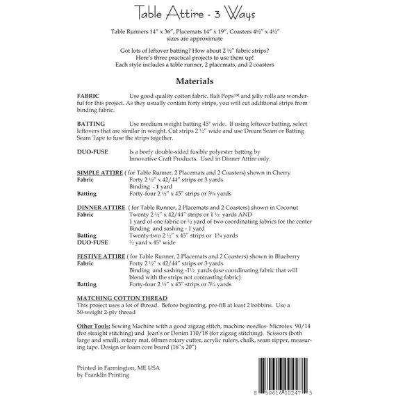 Table Attire - 3 Ways Pattern by Aunties Two AT247 - Materials List