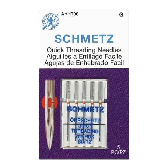 Schmetz 80/12 Quick Threading Sewing Machine Needle - 5 needle pack - Schmetz Quick Threading​ Needle Features: Slightly Rounded Point, Eye with open slot