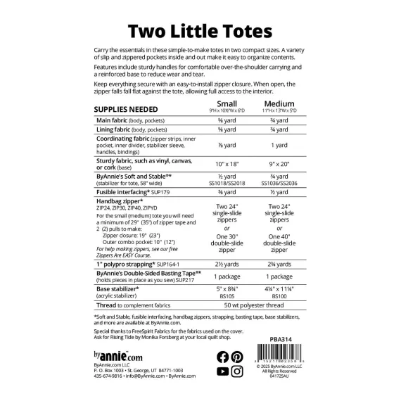 Two Little Totes Pattern by Annie - Supplied Required