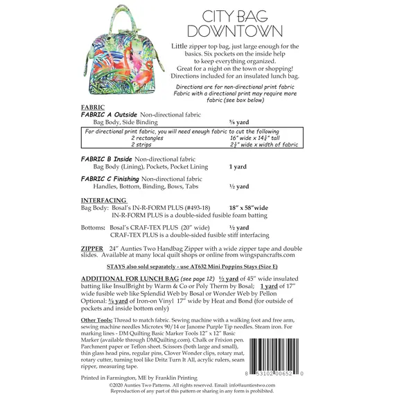 City Bag Downtown Pattern by Aunties Two AT652 - List of Material Requirements