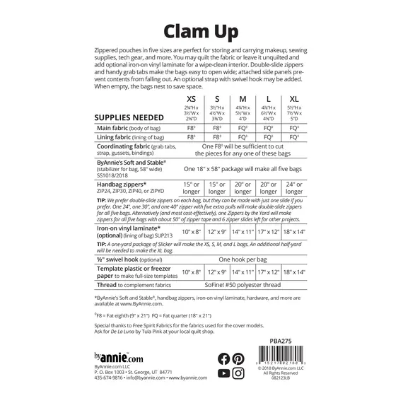 By Annie Clam Up Zippered Pouches Pattern - Supplies Needed