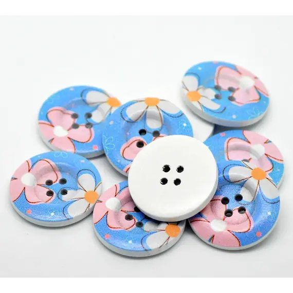 Blue with Pink and White Flower Button D21