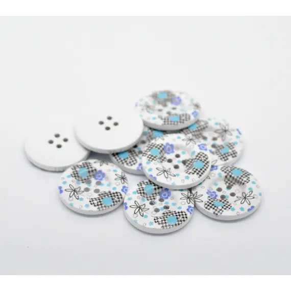 White Blue, Black Floral Button 30 mm D26