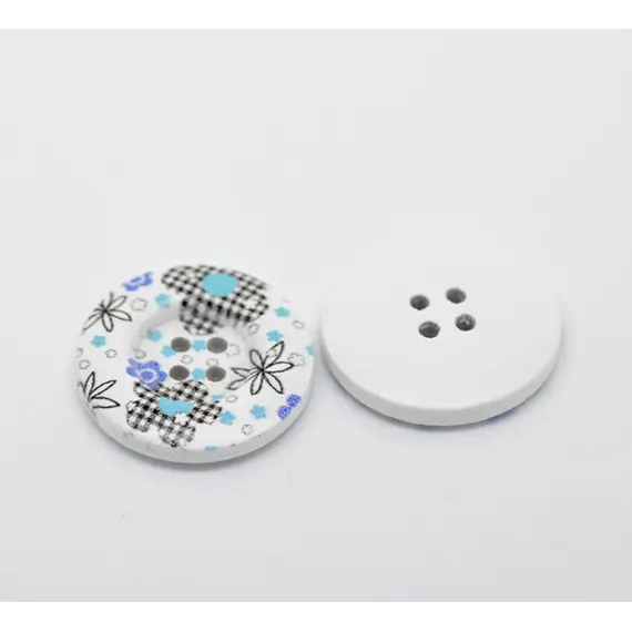 White Blue, Black Floral Button 30 mm D26