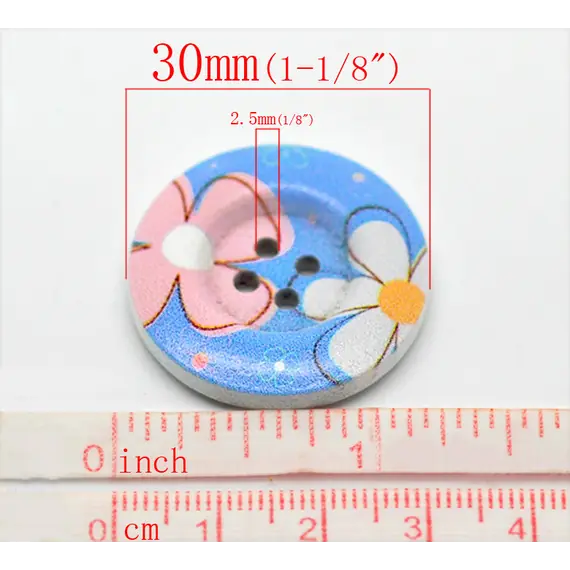 Blue with Pink and White Flower Button D21