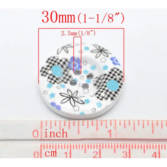 White Blue, Black Floral Button 30 mm D26