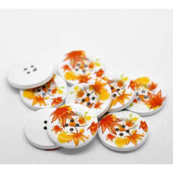 White with Autumn Leaves Button 30 mm D22