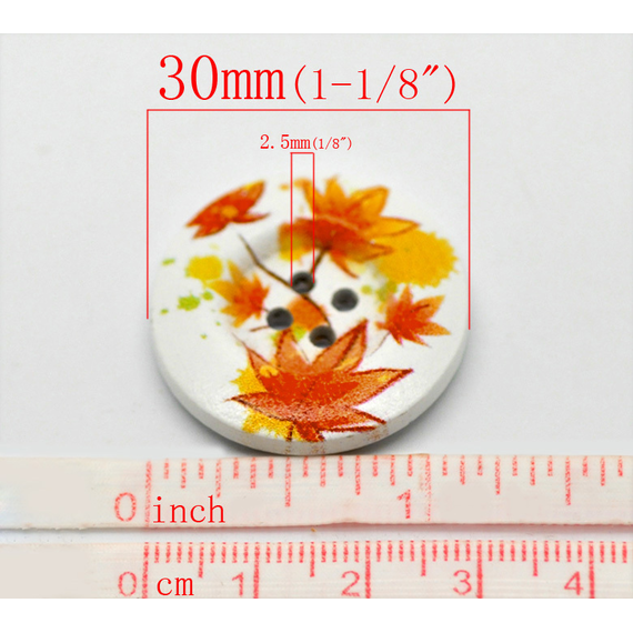 White with Autumn Leaves Button 30 mm D22