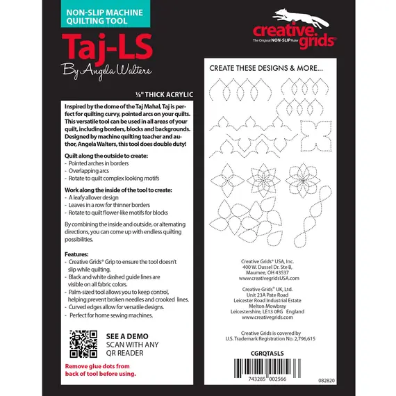 Taj Low Shank Creative Grids Non-Slip Free Motion Quilting Tool / Ruler VIDEO