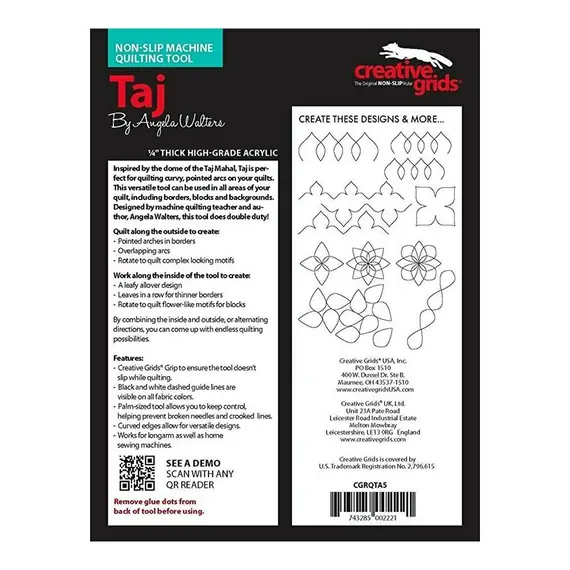 Taj Creative Grids Non-Slip Free Motion Quilting Tool / Ruler SEE VIDEO