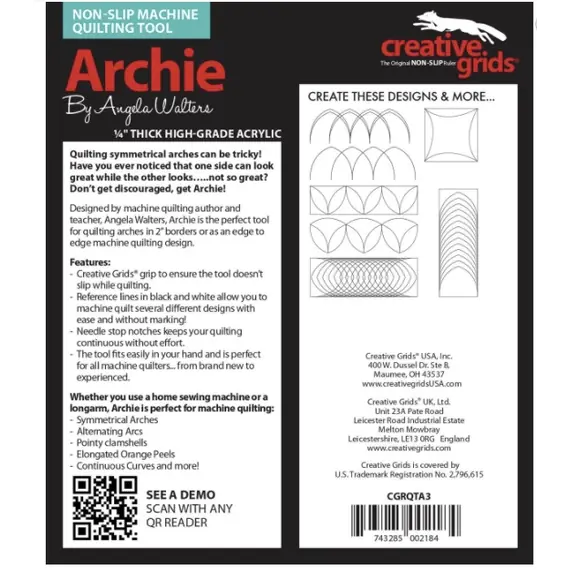 Archie Creative Grids Non-Slip Free Motion Quilting Tool / Ruler SEE VIDEO