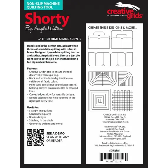 Shorty Creative Grids Non-Slip Free Motion Quilting Tool / Ruler SEE VIDEO